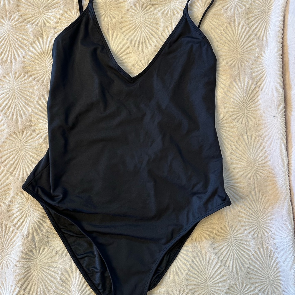 Simons Black One Piece Swimsuit V-Neck Spaghetti Straps